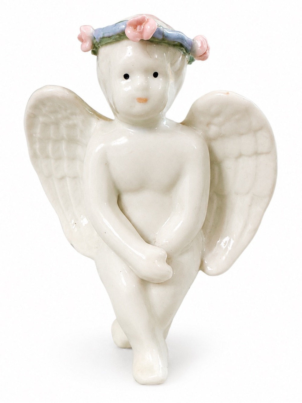 White Ceramic Sitting Cherub Angel Figurine With Rose Wreath